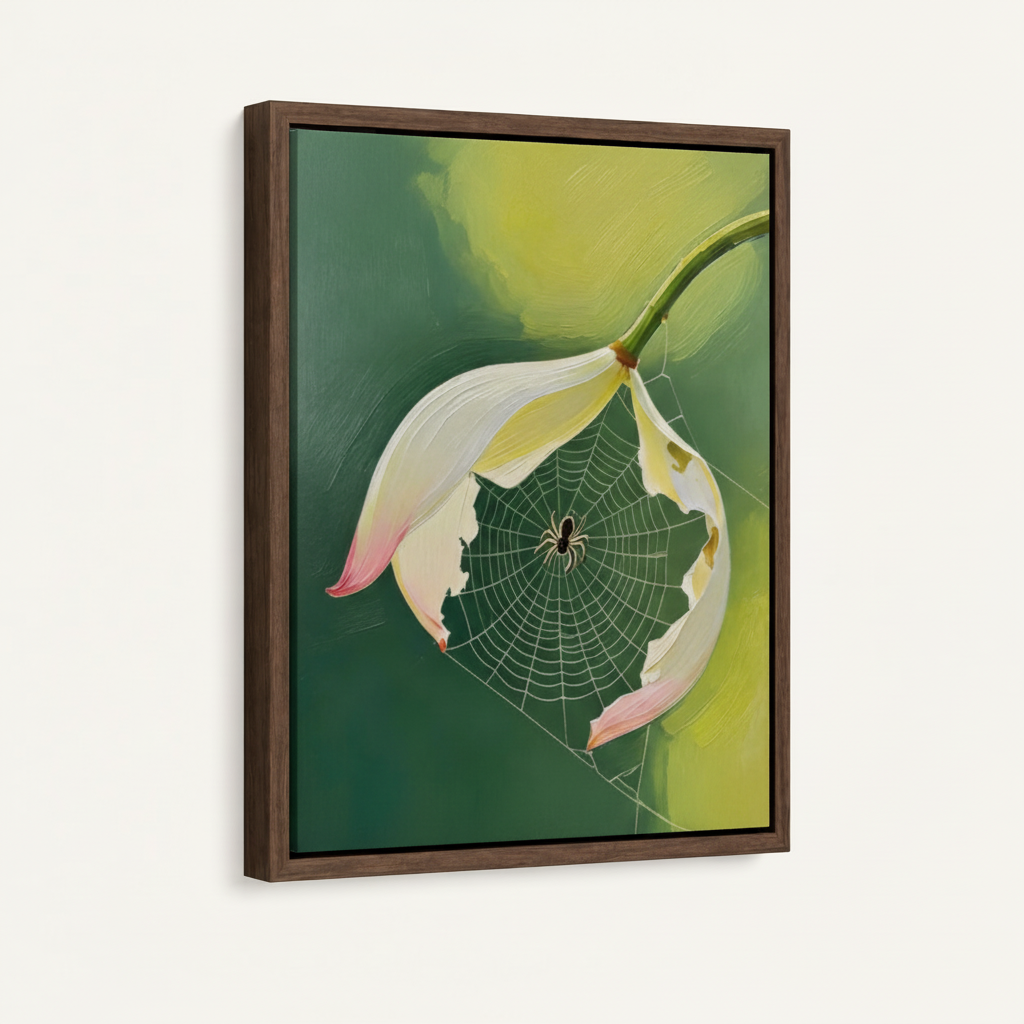 Framed dark botanical canvas art with spider web lotus in walnut floating frame