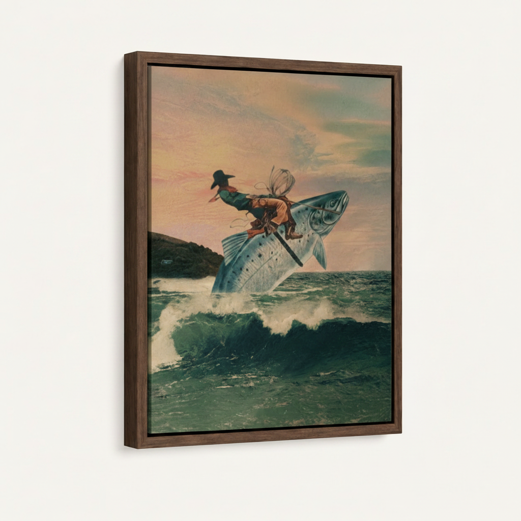Vintage surrealist cowboy fish canvas in dark walnut floater frame, angled three-quarter product view on white background