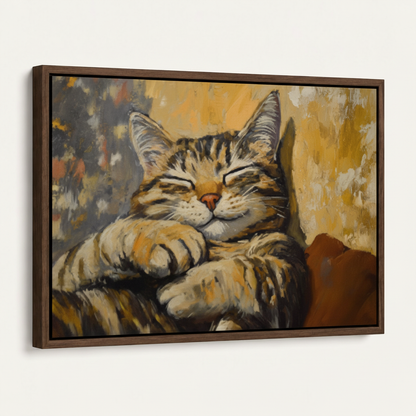 Smiling tabby cat golden amber impressionist canvas in dark walnut float frame, 3/4 angled product view