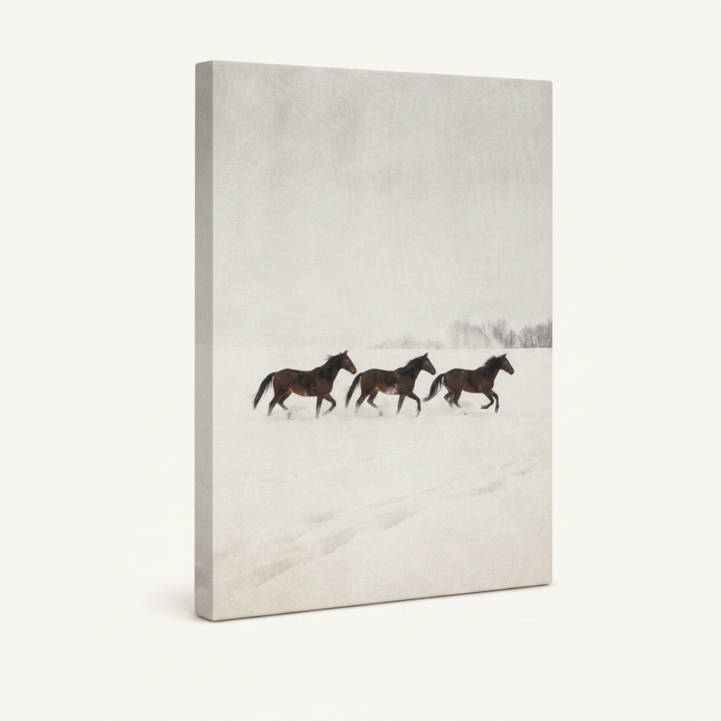 Gallery-wrapped canvas print of three dark horses in snowy landscape shown at angle on white background
