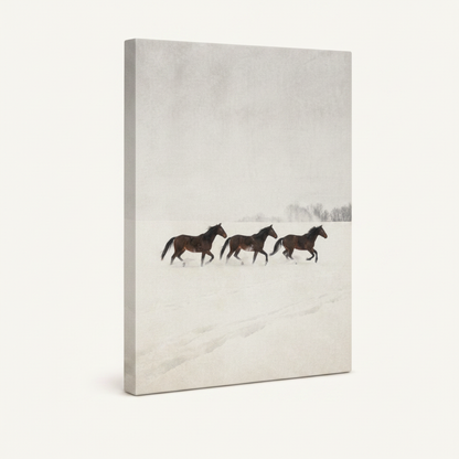 Gallery-wrapped canvas print of three dark horses in snowy landscape shown at angle on white background
