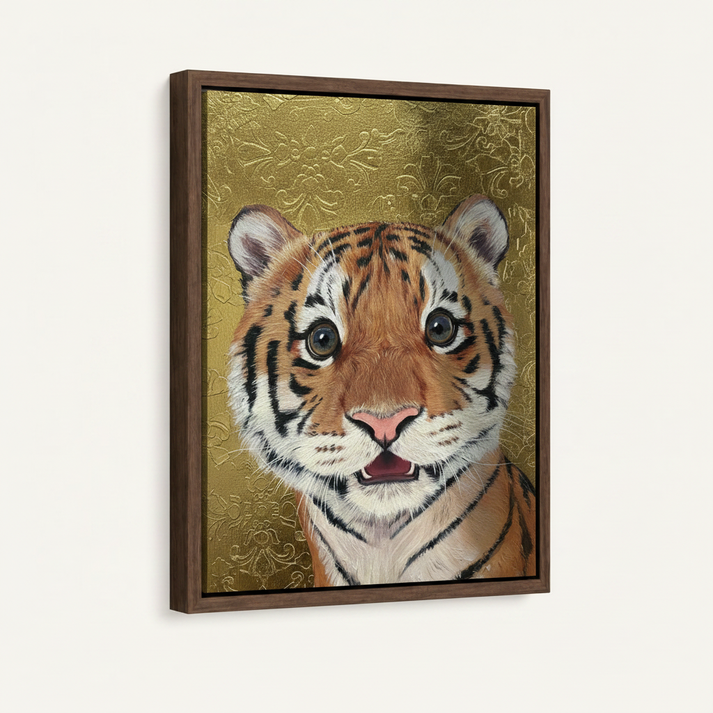 Framed tiger cub gold oil painting canvas shown at an angle on a clean white background
