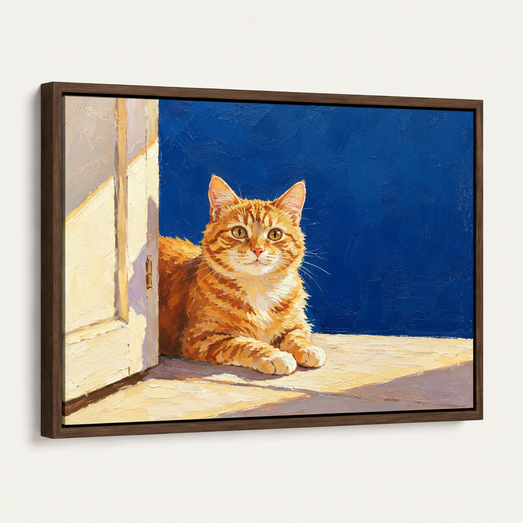 Framed orange cat oil painting with deep walnut frame on white