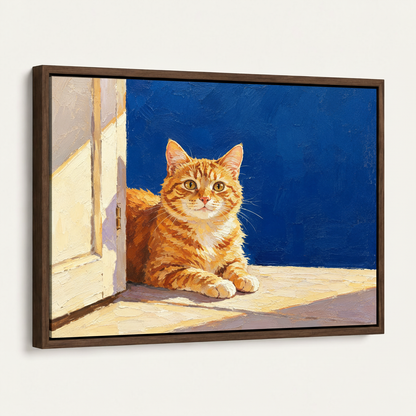 Framed orange cat oil painting with deep walnut frame on white
