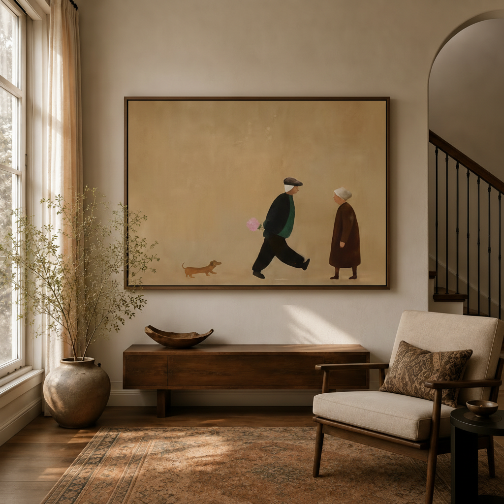 Heartwarming couple walking dachshund folk art canvas hanging in warm entryway beside staircase and linen armchair