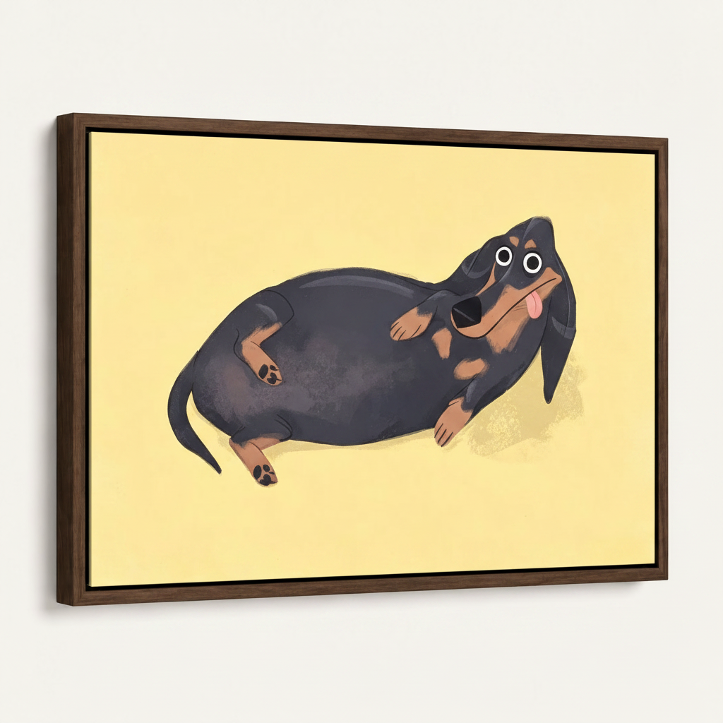 Framed dachshund canvas print in dark walnut float frame at 45-degree angle on white background