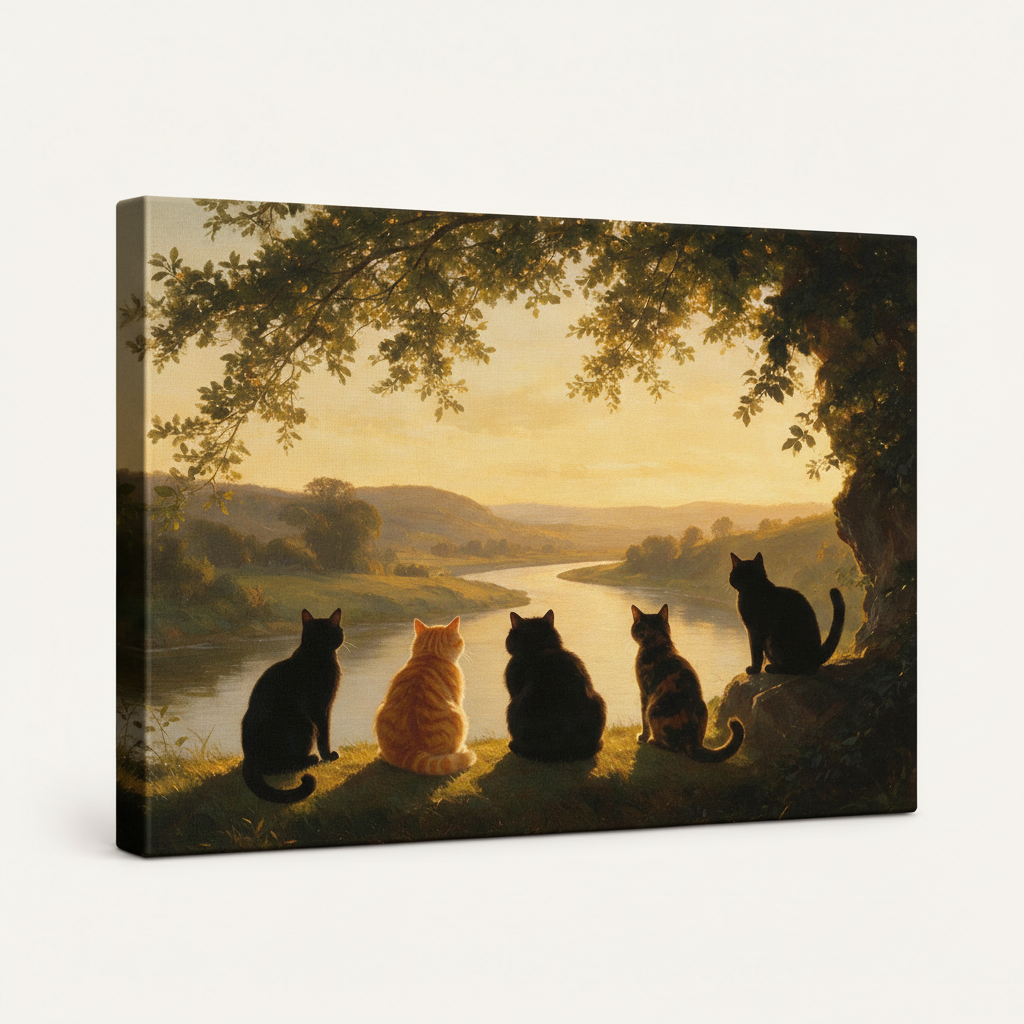Gallery-wrapped cat oil painting canvas print shown at angle on clean off-white background