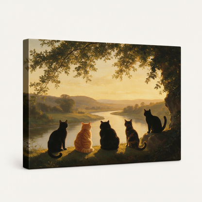 Gallery-wrapped cat oil painting canvas print shown at angle on clean off-white background