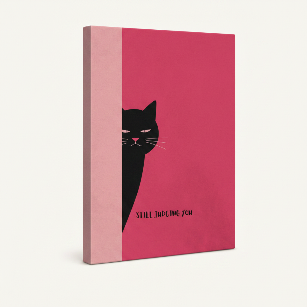 Gallery-wrapped Still Judging You cat canvas print shown at angle on white background