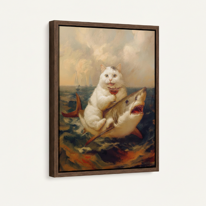 Framed baroque cat riding shark canvas print with dark walnut floating frame on clean cream background
