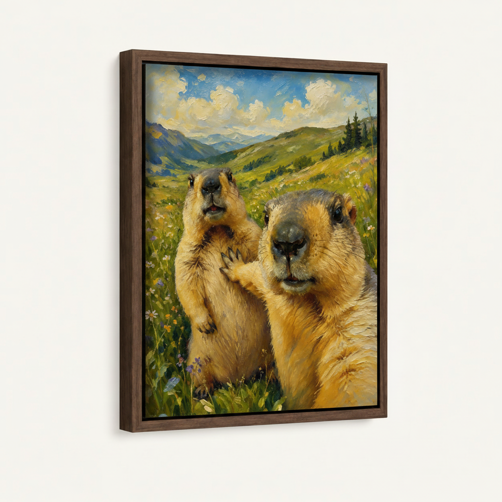 Bold marmot selfie oil painting in dark walnut float frame shown at left-facing angle on off-white background
