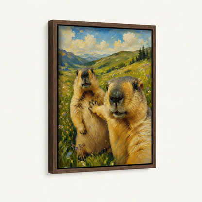 Bold marmot selfie oil painting in dark walnut float frame shown at left-facing angle on off-white background
