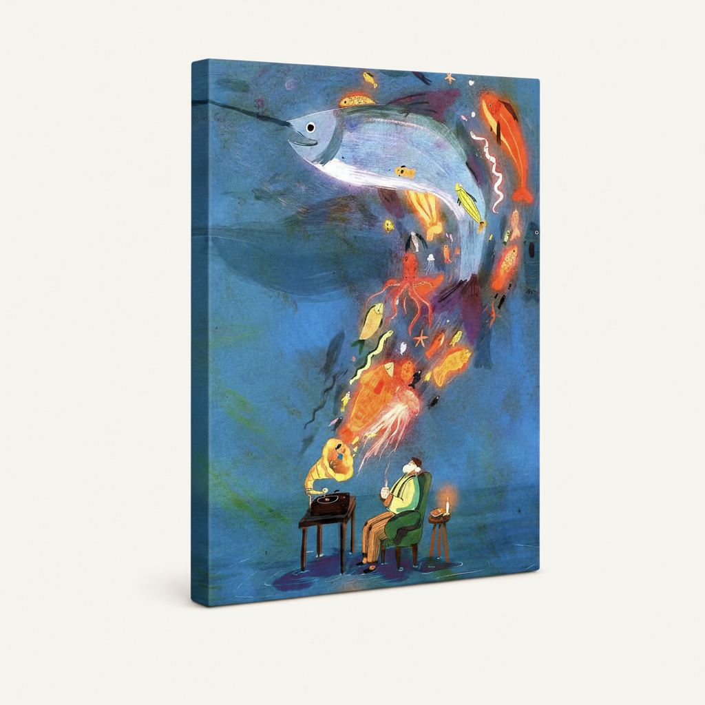 Gallery-wrapped gramophone ocean surrealist canvas print angled view showing deep blue wrapped sides and illustration detail