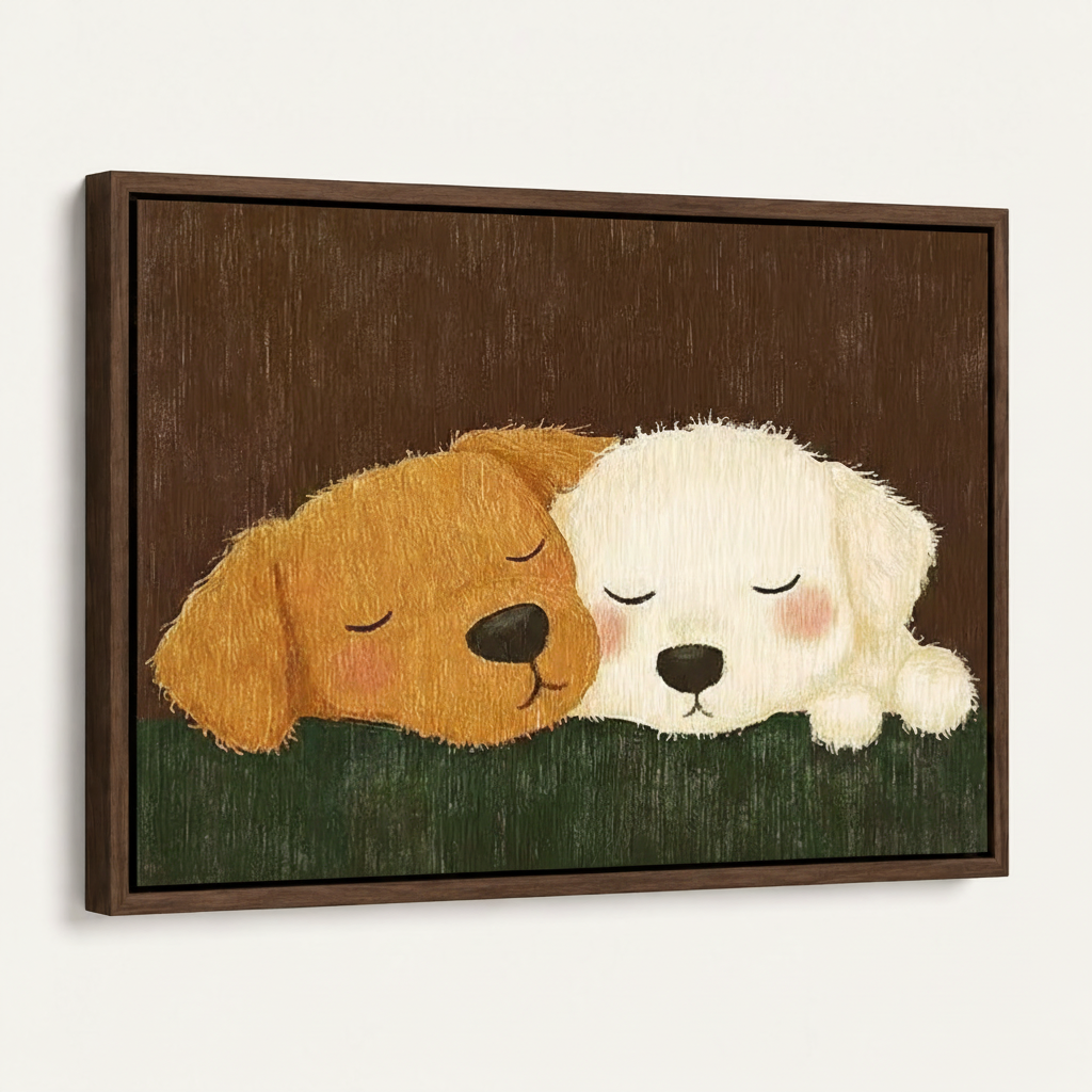 Framed canvas print of golden and white sleeping puppies, dark walnut frame angled product view