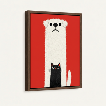 Framed minimalist dog and cat canvas wall art with walnut frame, angled side view on white background