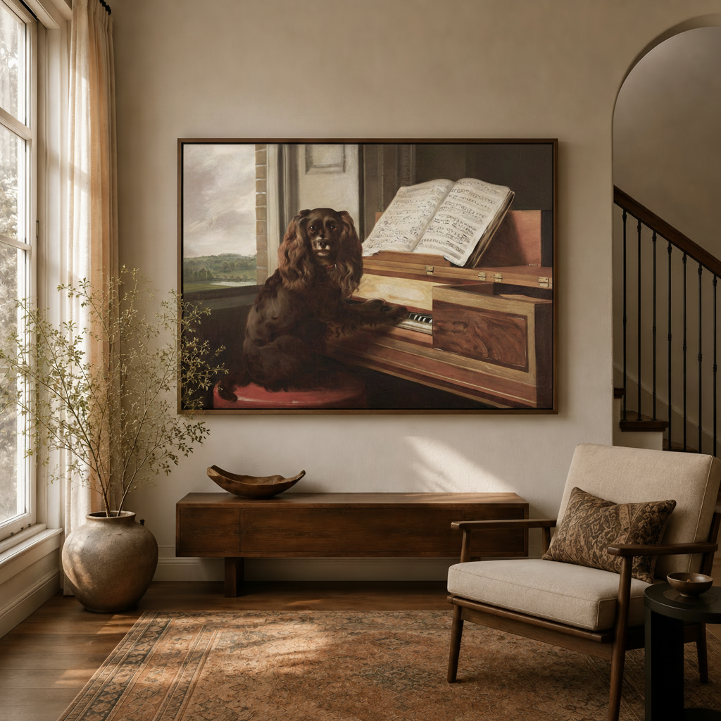 Chiaroscuro dog piano portrait canvas above console in warm golden entryway beside armchair and staircase