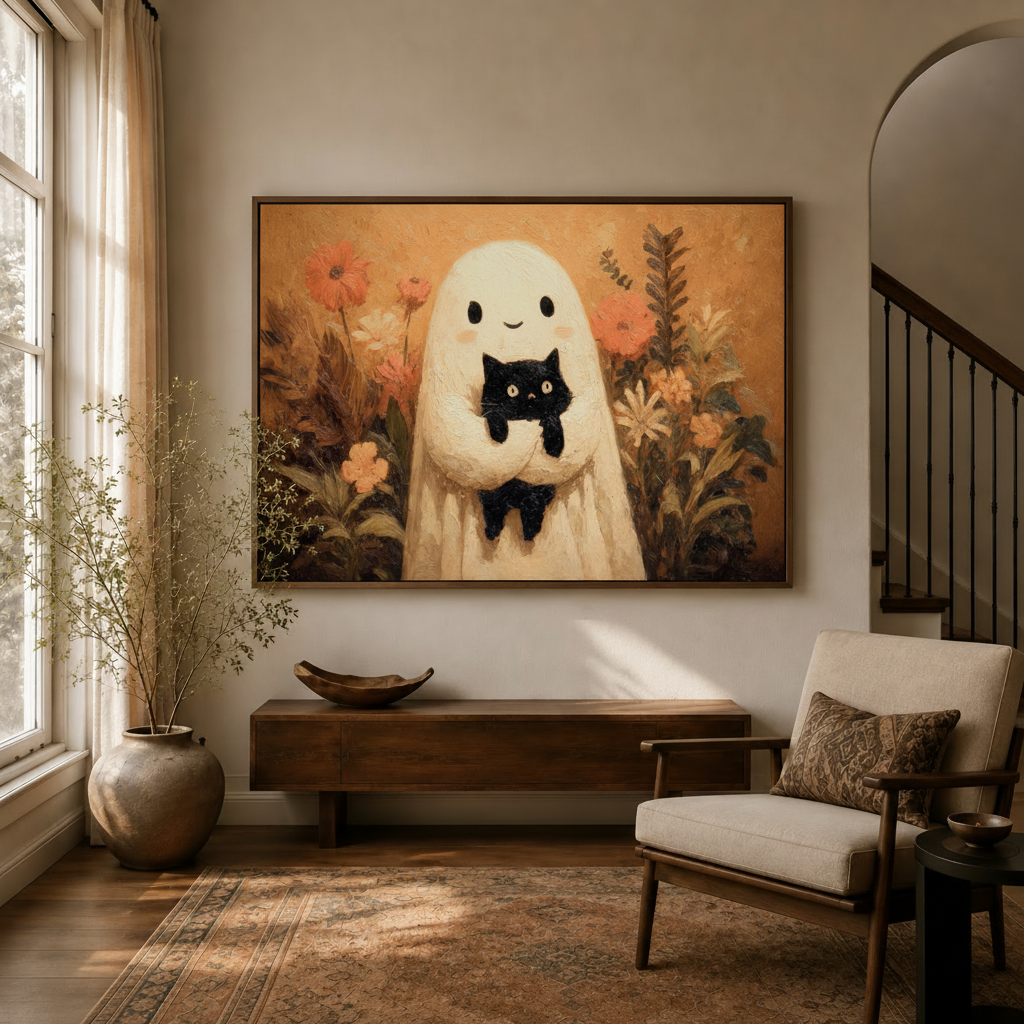 Ghost black cat autumn garden impasto canvas hanging in warm golden entryway beside staircase console armchair