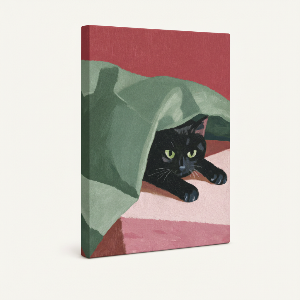 Gallery wrapped black cat canvas print on white background side angle product view