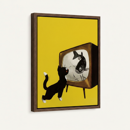 Front view of framed retro pop cat canvas showing tuxedo cat climbing vintage television