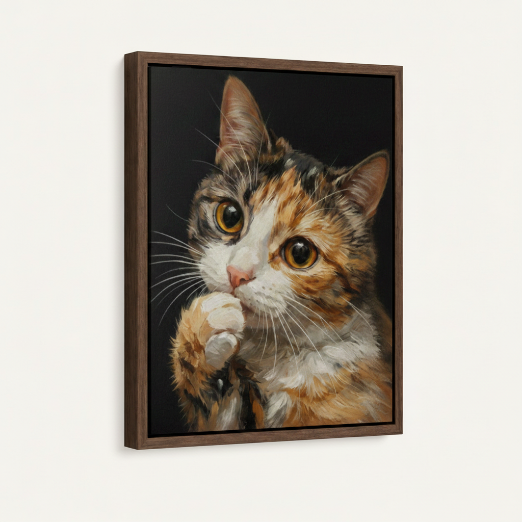 Framed canvas calico cat portrait shown at an angle, dark walnut frame, rich orange and white fur detail