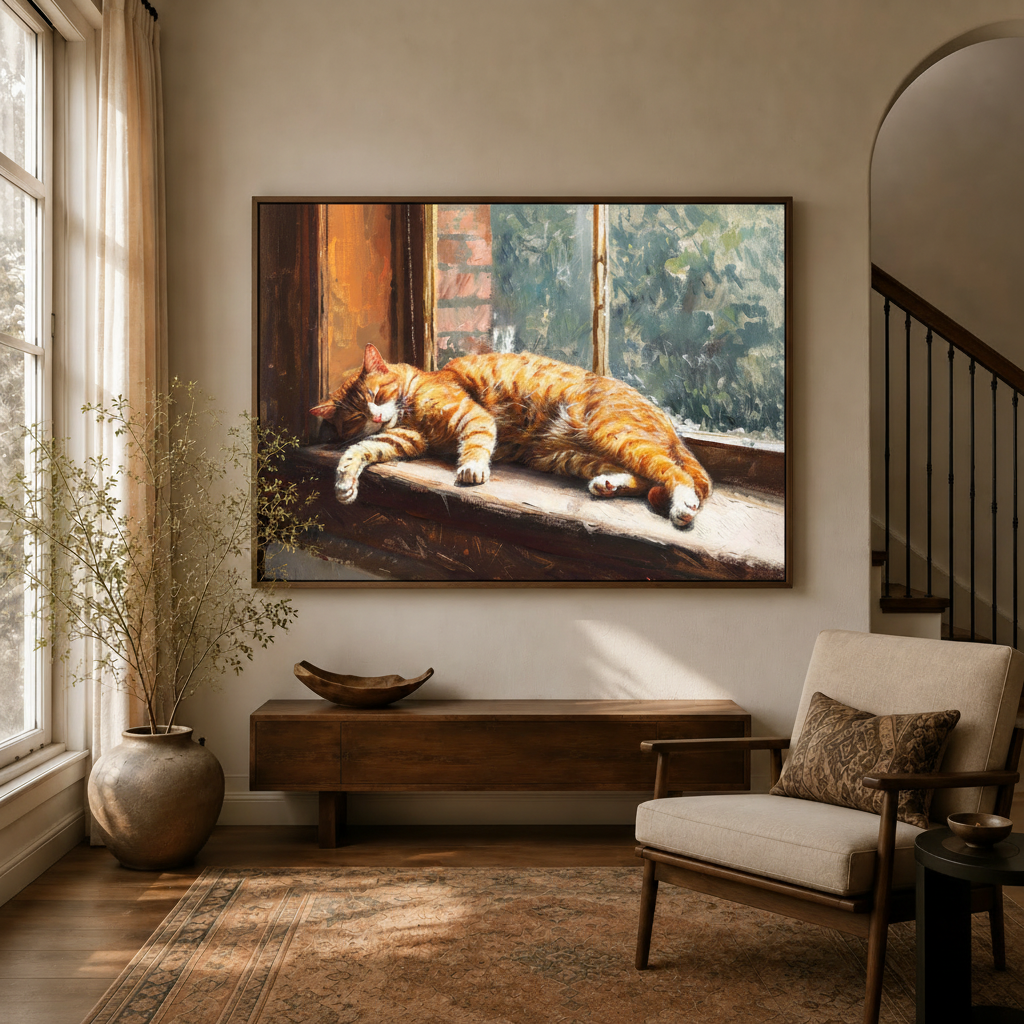 Cozy orange tabby sleeping windowsill canvas above console in warm golden entryway beside linen armchair