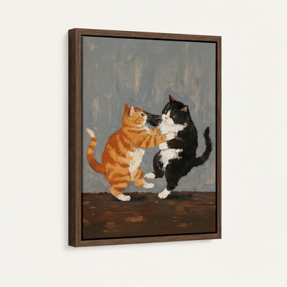 Two cats fighting canvas in dark walnut float frame, angled three-quarter view on white background