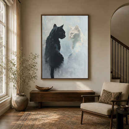 Moody black and white cat canvas wall art displayed above a walnut console in a warm neutral entryway
