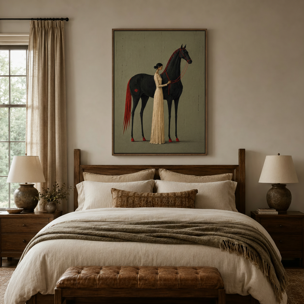 Moody equestrian wall art above a wood-frame bed in a cozy earth-tone bedroom