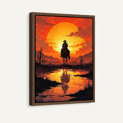 Framed western cowboy sunset canvas in dark walnut float frame shown at angle on off-white background
