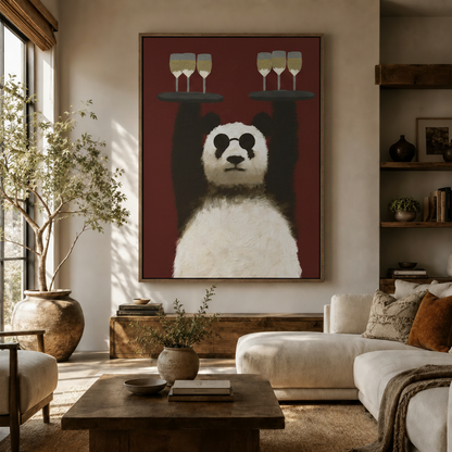 Large funny panda canvas wall art hung in bright living room with white sofa and olive tree
