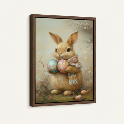 Framed Easter rabbit oil painting in walnut floating frame on off-white studio background
