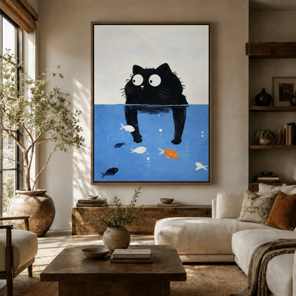 Colorful dog squad canvas wall art hanging above sofa in bright neutral living room