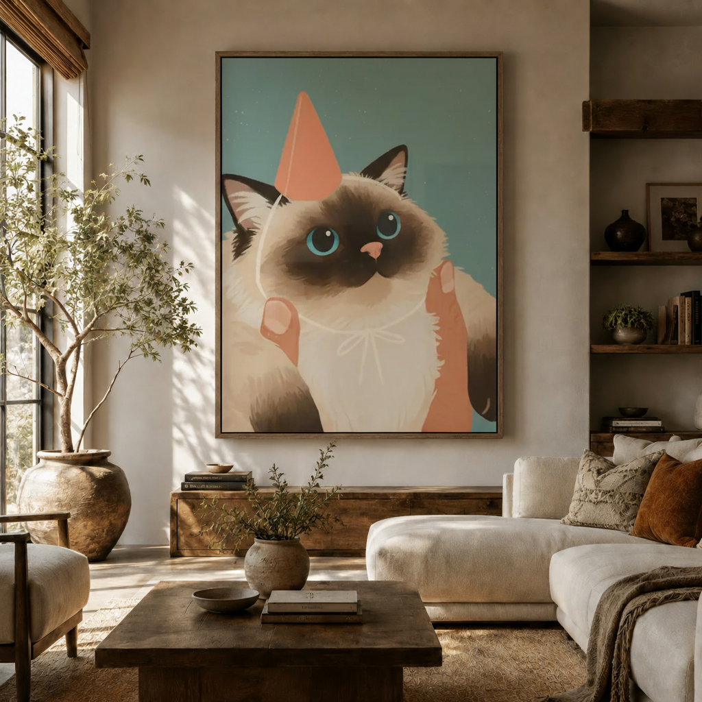 Large framed cat portrait canvas wall art hanging above a sofa in a bright boho living room with natural light
