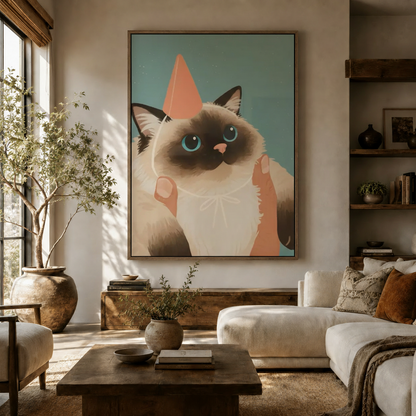 Large framed cat portrait canvas wall art hanging above a sofa in a bright boho living room with natural light