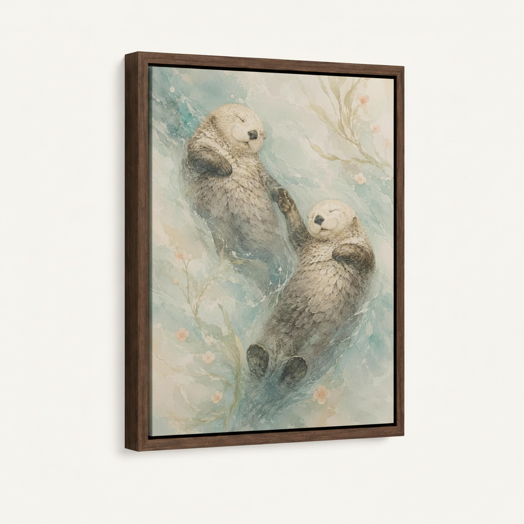 Framed watercolor sea otter wall art close-up showing two otters floating in soft teal water with blush florals