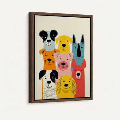 Bold multicolor dog squad art in dark wood float frame shown against white wall close-up