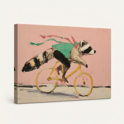 Gallery-wrapped raccoon on bicycle impasto canvas, angled side view showing wrap edges and texture