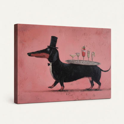 Gallery-wrapped canvas of dachshund waiter oil painting, angled product view showing thick canvas wrap sides on white background