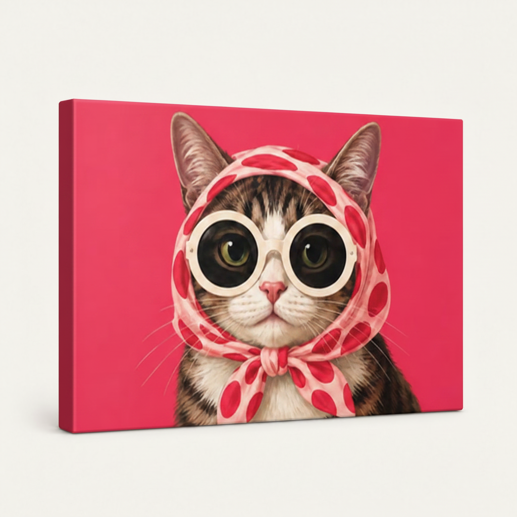 Gallery-wrapped cat pop art canvas print, angled product view showing magenta wrap sides on white background