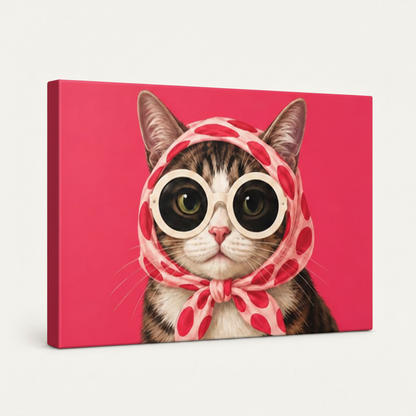 Gallery-wrapped cat pop art canvas print, angled product view showing magenta wrap sides on white background