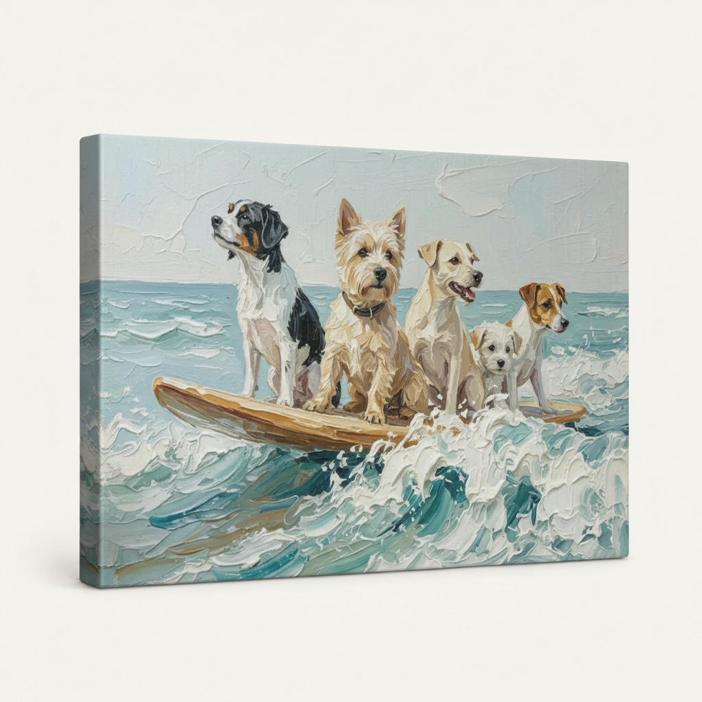 Gallery-wrapped surfing dogs canvas print, angled view showing thick wrap sides and impasto oil texture on white background