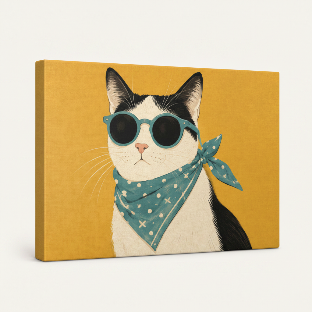 Gallery-wrapped cool cat canvas, angled side view showing mustard yellow artwork wrapping canvas edges