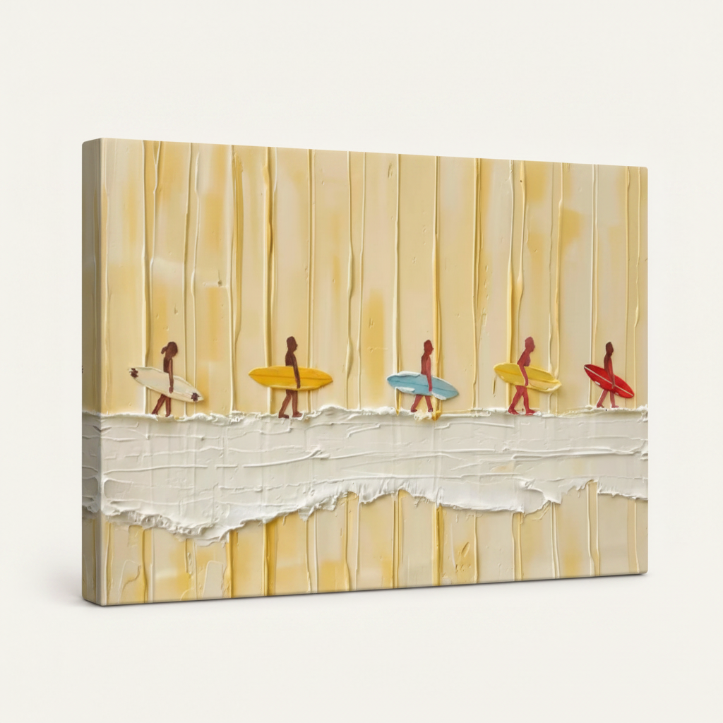 Gallery-wrapped surfer impasto canvas, angled side view showing palette knife texture and wrap edges