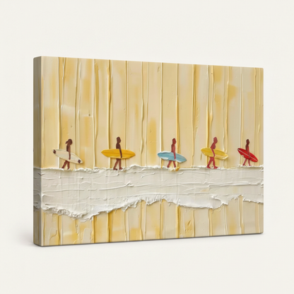 Gallery-wrapped surfer impasto canvas, angled side view showing palette knife texture and wrap edges