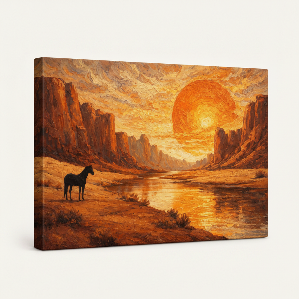 Gallery-wrapped canyon sunset horse canvas print, angled view showing warm amber wrap sides on white background