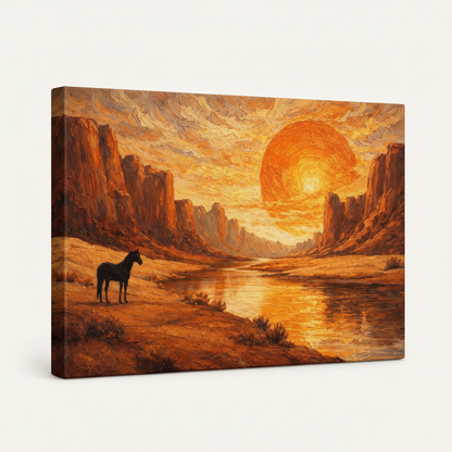Gallery-wrapped canyon sunset horse canvas print, angled view showing warm amber wrap sides on white background