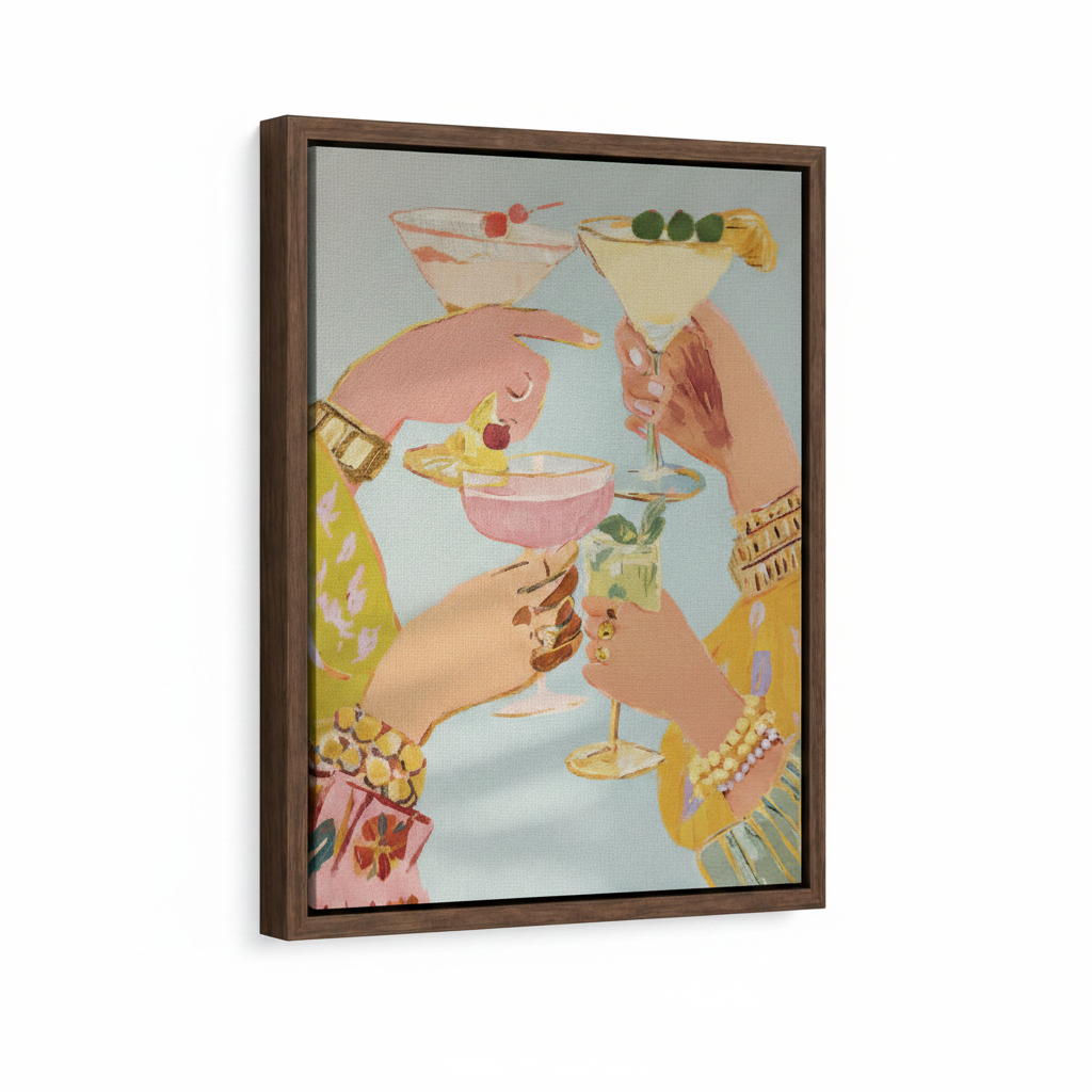Dark walnut float frame cocktail wall art print at angle on clean white background