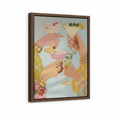 Dark walnut float frame cocktail wall art print at angle on clean white background