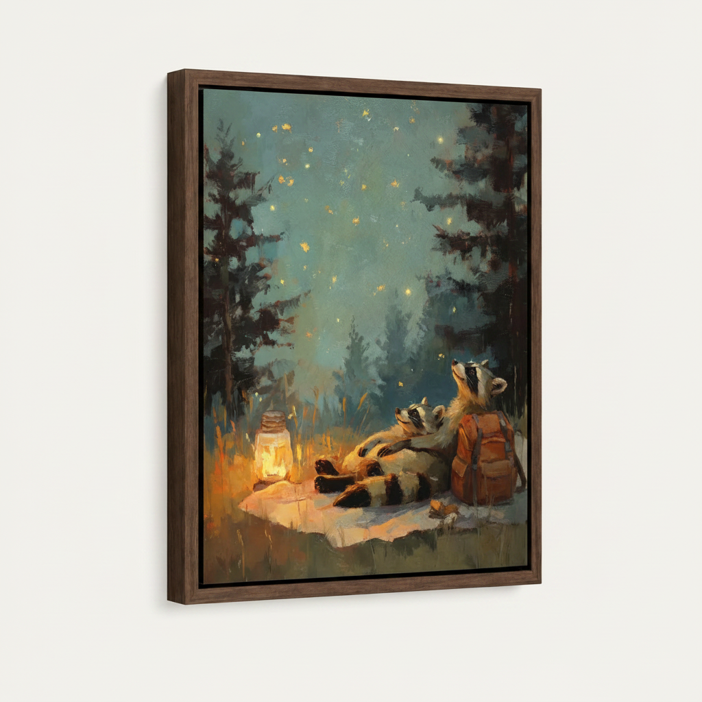 Framed raccoon stargazing canvas in dark walnut float frame product mockup on cream background