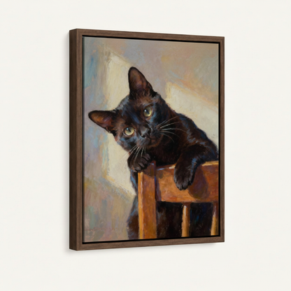 Black cat canvas art in dark walnut float frame on white background, 3/4 product view showing frame gap detail